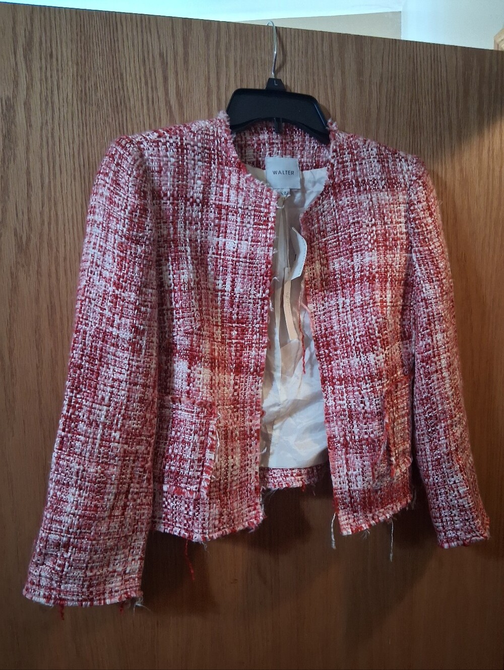 Walter Baker collarless, textured bouclé tweed statement blazer jacket, Sz 2